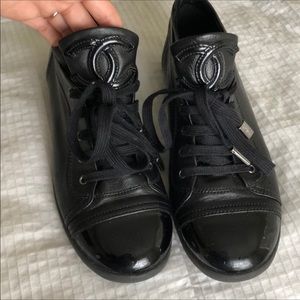 CHANEL lambskin patent leather cap toe sneakers lace up boots booties